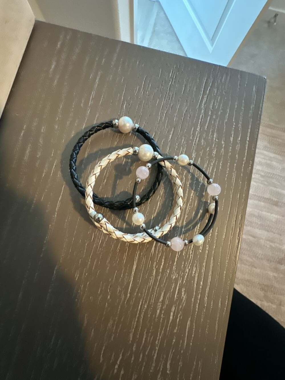 Set of 3 Braided Leather and Freshwater Pearl Bead Bracelets